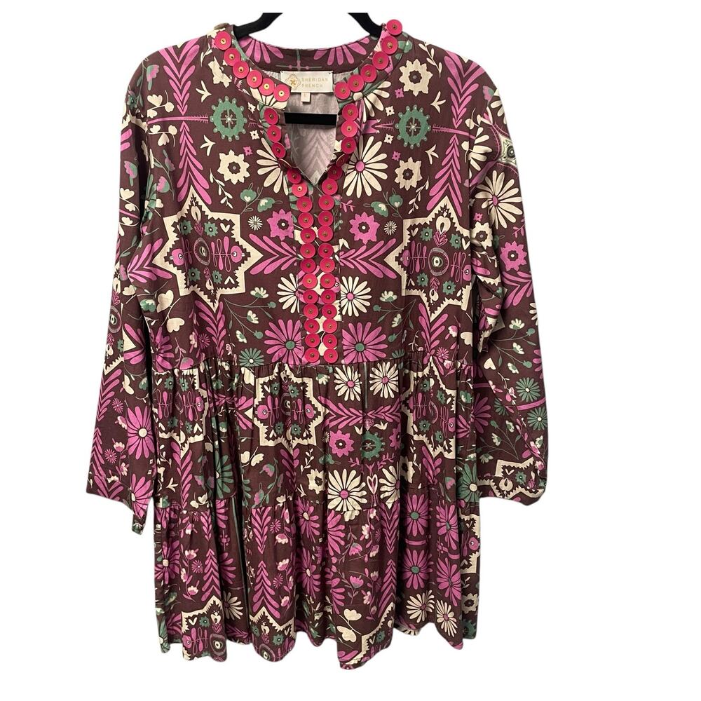 Sheridan French Split Neck Floral Embellished Mini Dress Brown Pink Large